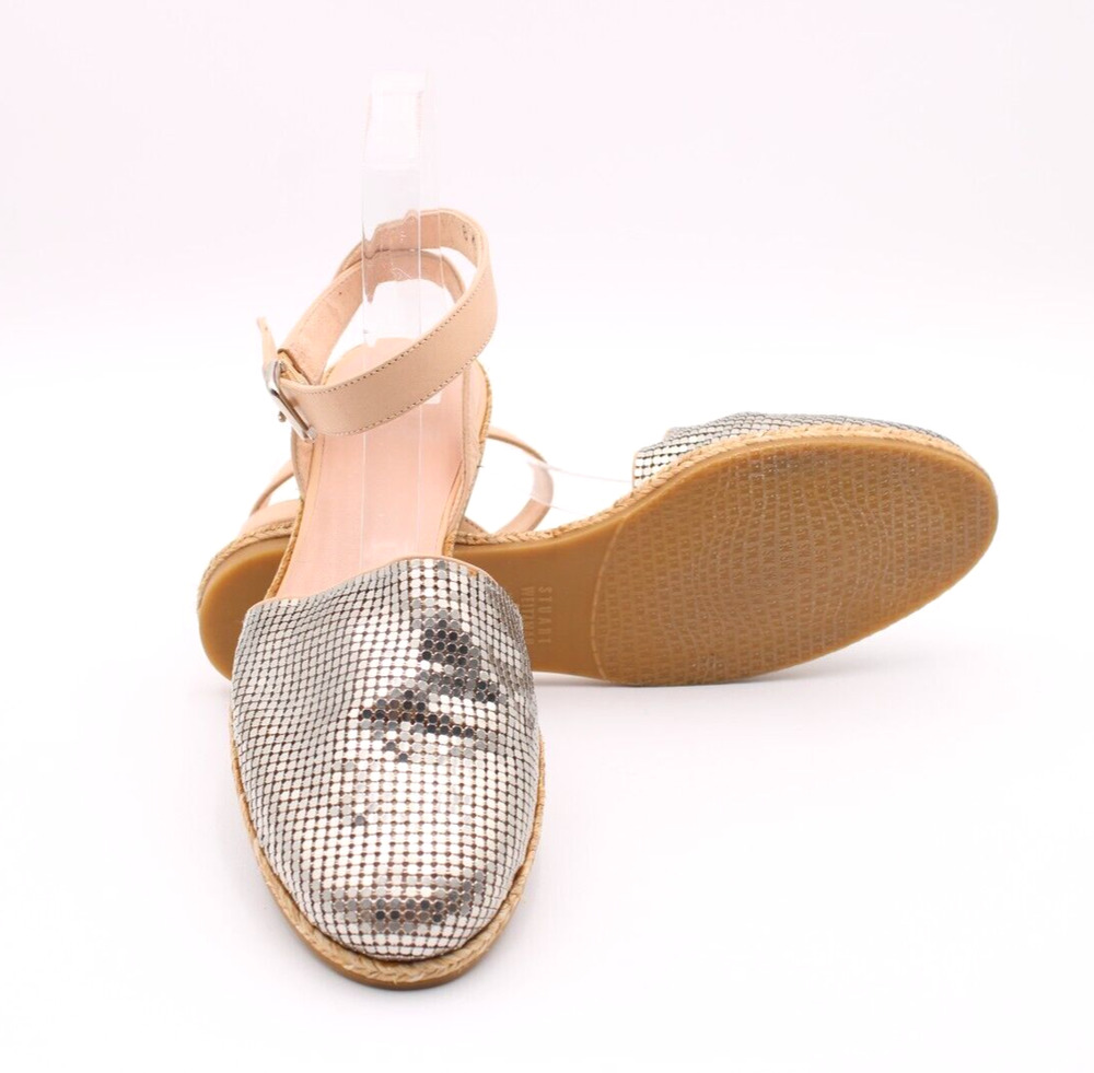 Stuart Weitzman Sz 8M Espadrille Flat Sandals Metallic Silver Leather Strap